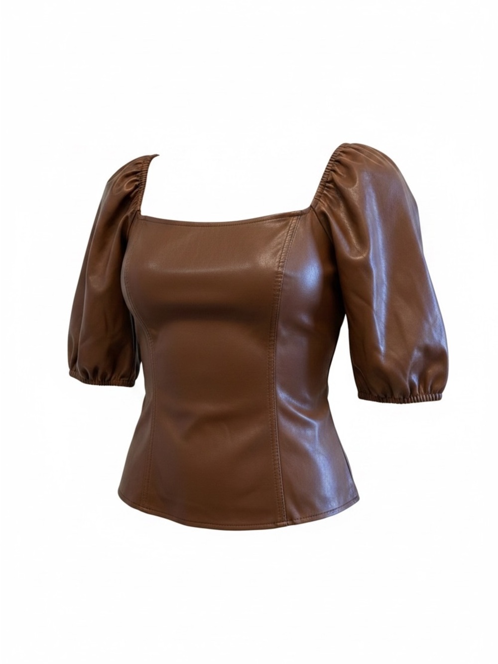 Marc New York Faux Leather Puff Sleeve Top Brown Chic Quiet Luxury 📐M - Picture 2 of 11